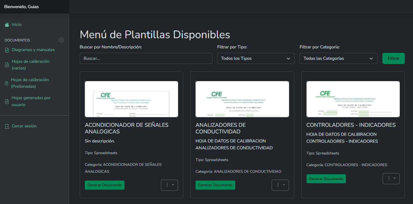 Menu de plantillas vacias